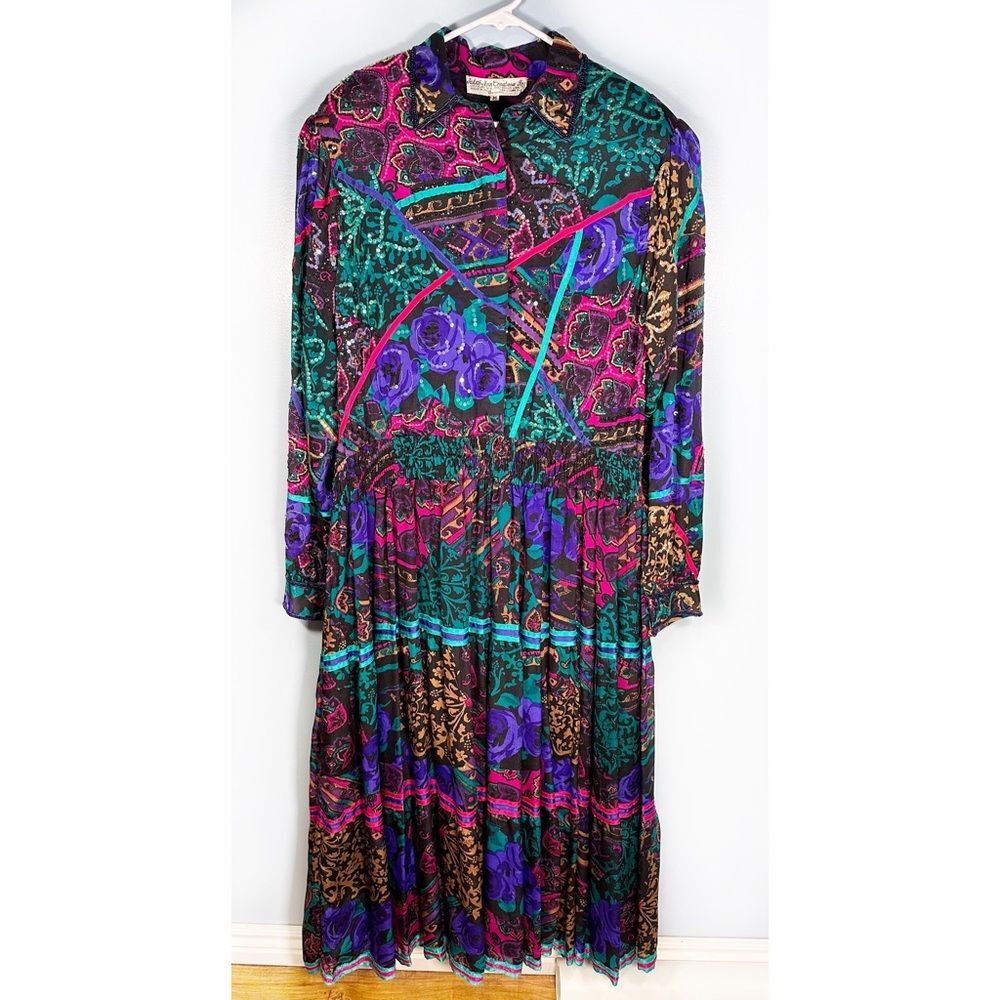 Vintage Judith Ann Creations 100% Silk Floral Patterns Embellished Maxi Dress M